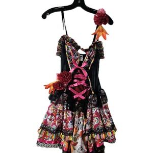 Party King Day Of the Dead Print Dress Skull Floral Ruffle Ribbon‎ Halloween M